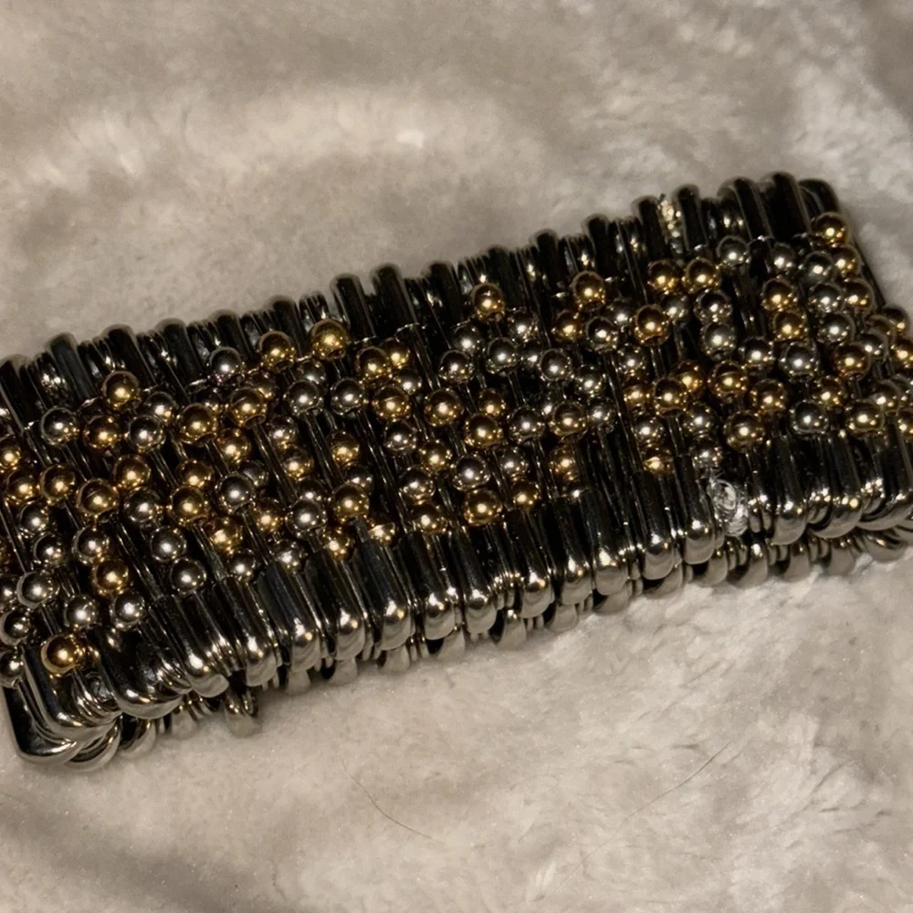 Vintage safety, pin, gold and silver bowl stretch bracelet